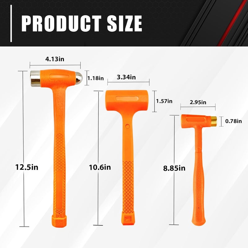 ct 3-Pieces Dead Blow Hammer Set, Brass Hammer, Ball-Peen Hammer, and Dead Blow Hammer,Orange,Shockproof Design, No Rebound Hammer, Unibody Molded Checkered Grip, Spark and Rebound Resistant - Image 5